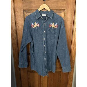 Vintage Embroidered‎ Button Chambray Denim Shirt Horses USA Patriotic Flag Large